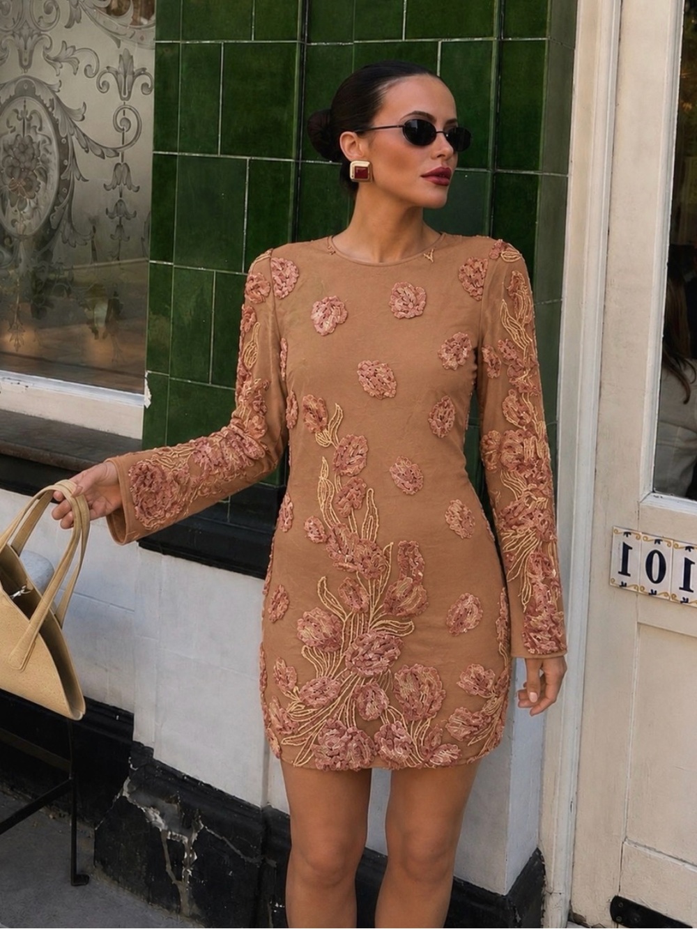 Dress the Population Tan Embroidered Mini Dress